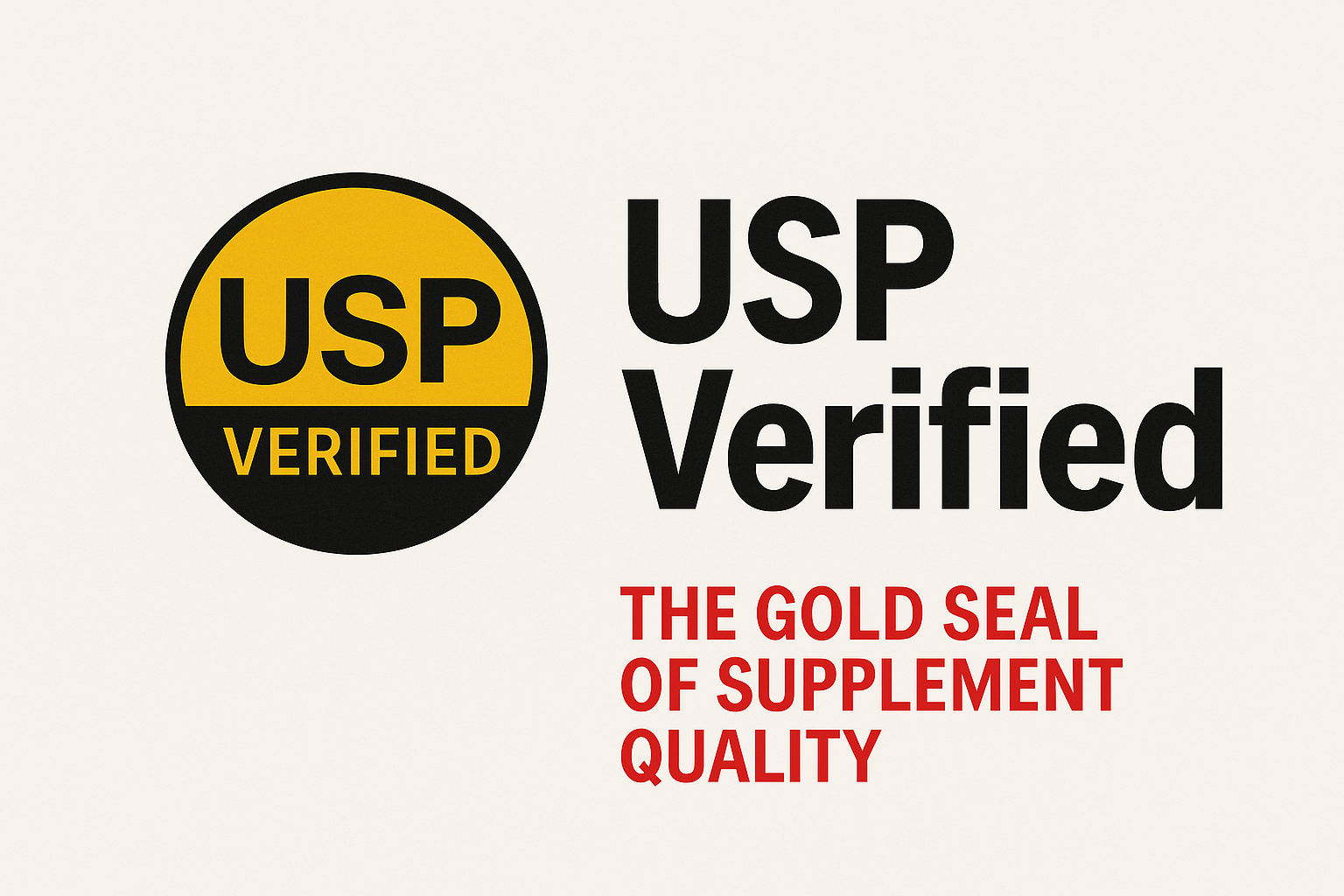 USP Verified seal graphic with bold gold and black text on a clean white background, featuring the tagline "The Gold Seal of Supplement Quality".