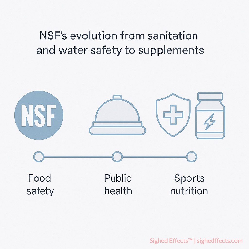 Illustrated timeline showing NSF’s growth from sanitation to supplement safety verification.