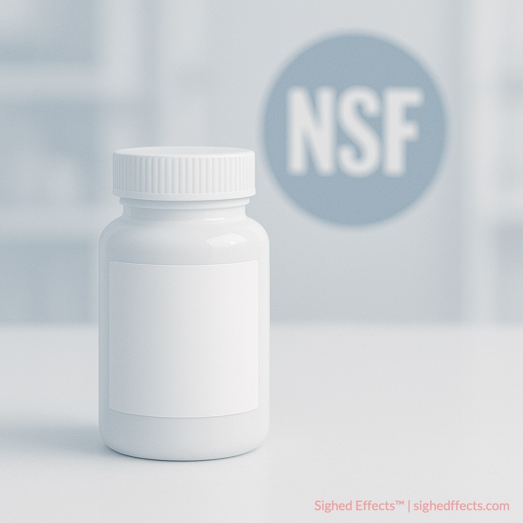 Supplement bottle on a lab table with NSF mark in the background symbolizing third-party verification.