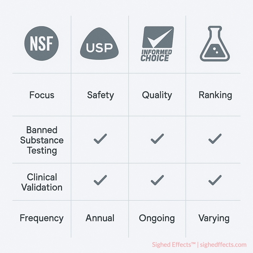 Graphic comparing NSF with USP, Informed Choice, and Labdoor by testing focus and standards.