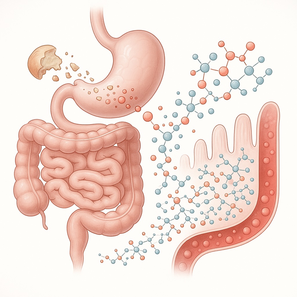 Scientific diagram showing digestion process breaking food into molecular components for absorption.
