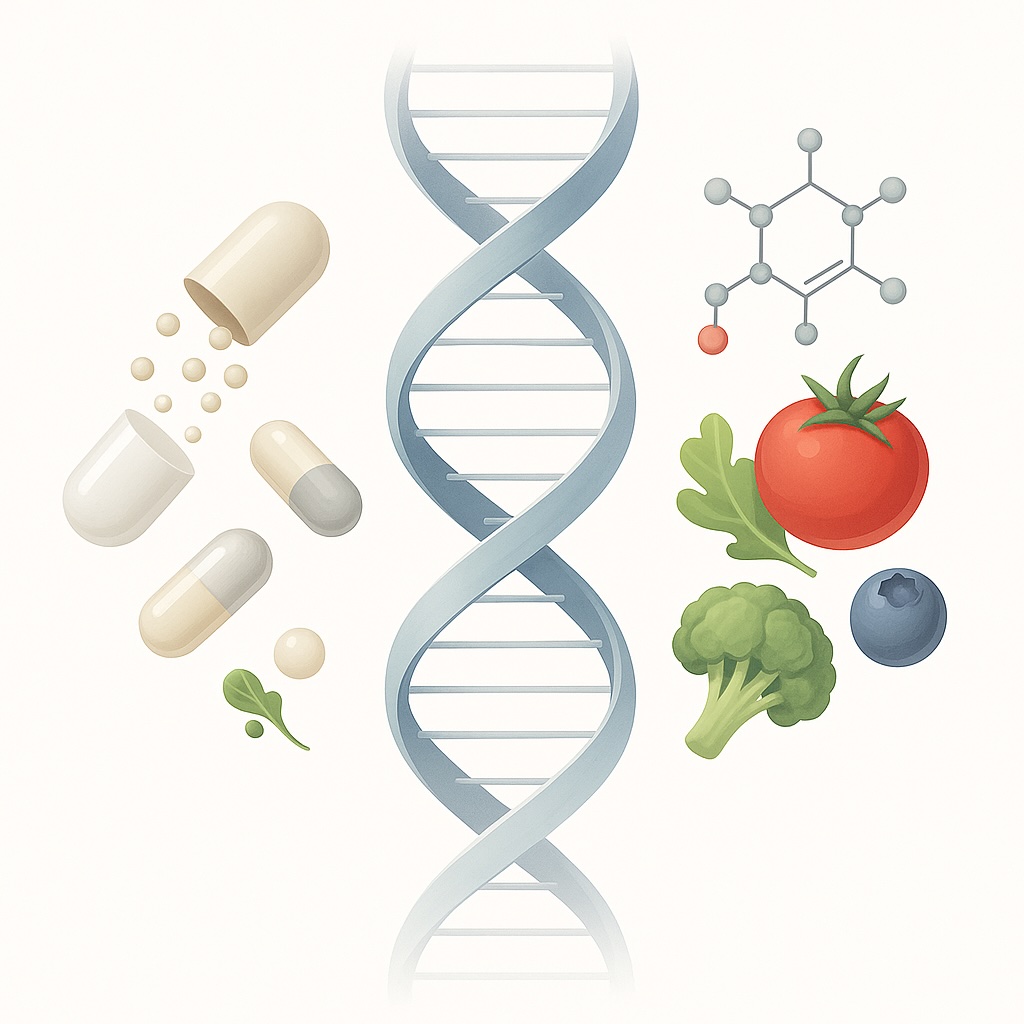 Scientific visualization of personalized supplementation strategy combining DNA, nutrients, and health optimization.