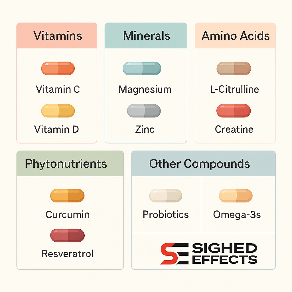 cientific grid showing major supplement categories: vitamins, minerals, amino acids, phytonutrients, and functional compounds.