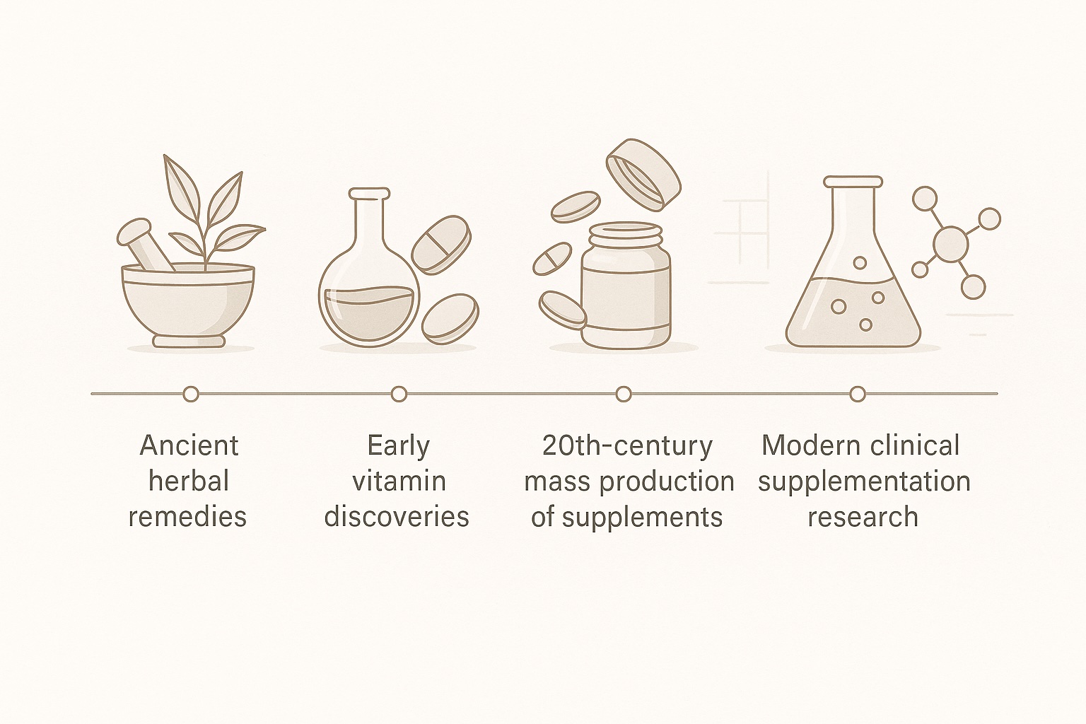 Timeline showing the evolution of supplement use from ancient herbal remedies to modern clinical science.