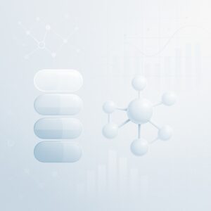 Supplement stacking science concept with molecular structure and data overlay