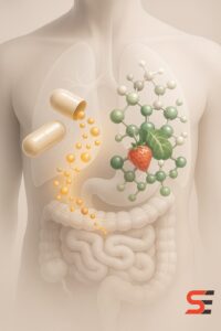 Illustration showing supplements breaking down into molecular structures alongside natural nutrition compounds.