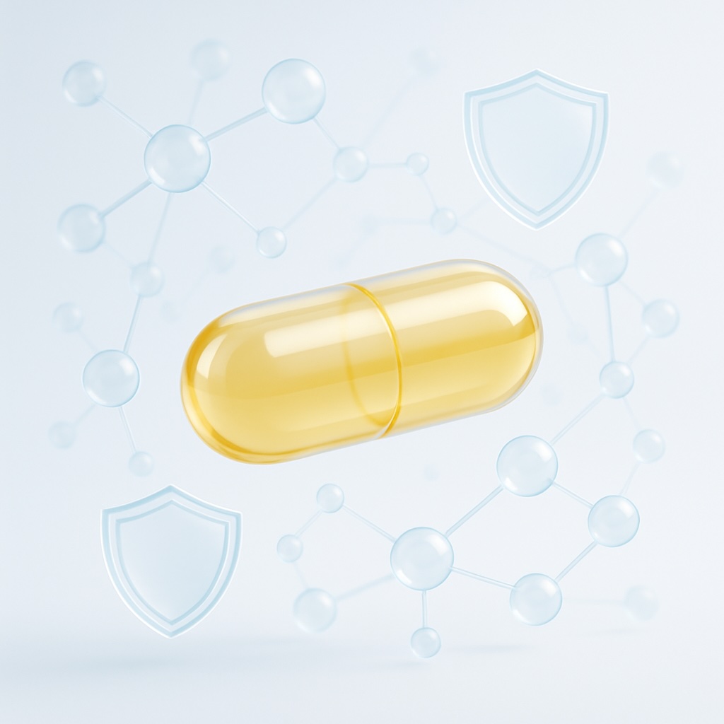 Clean supplement capsule surrounded by scientific icons representing quality and safety
