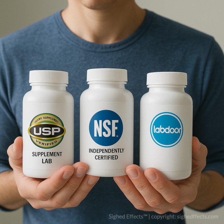 Person comparing supplement certifications before purchase