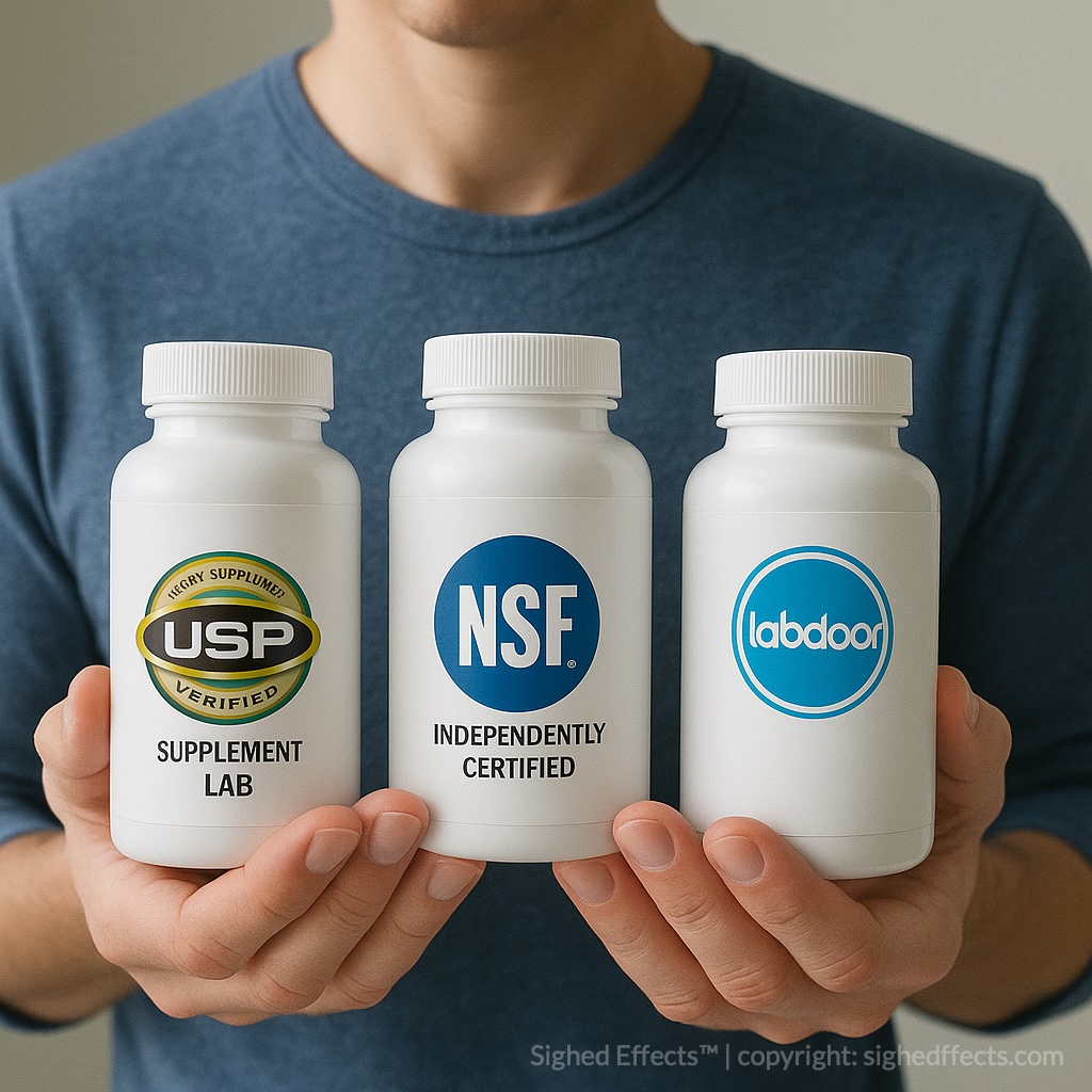 Person comparing supplement certifications before purchase