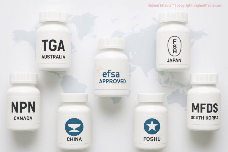 Flat-lay photo of supplement bottles with international certifications from Australia, Canada, EU, Japan, China, and South Korea, arranged over a world map.