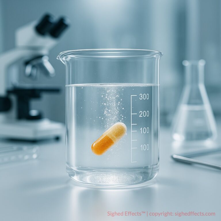Hero image of a supplement capsule dissolving in a beaker under lab conditions, surrounded by clean scientific instruments, with lighting that suggests trust, precision, and clarity