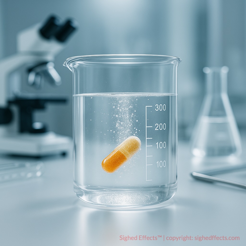 Hero image of a supplement capsule dissolving in a beaker under lab conditions, surrounded by clean scientific instruments, with lighting that suggests trust, precision, and clarity