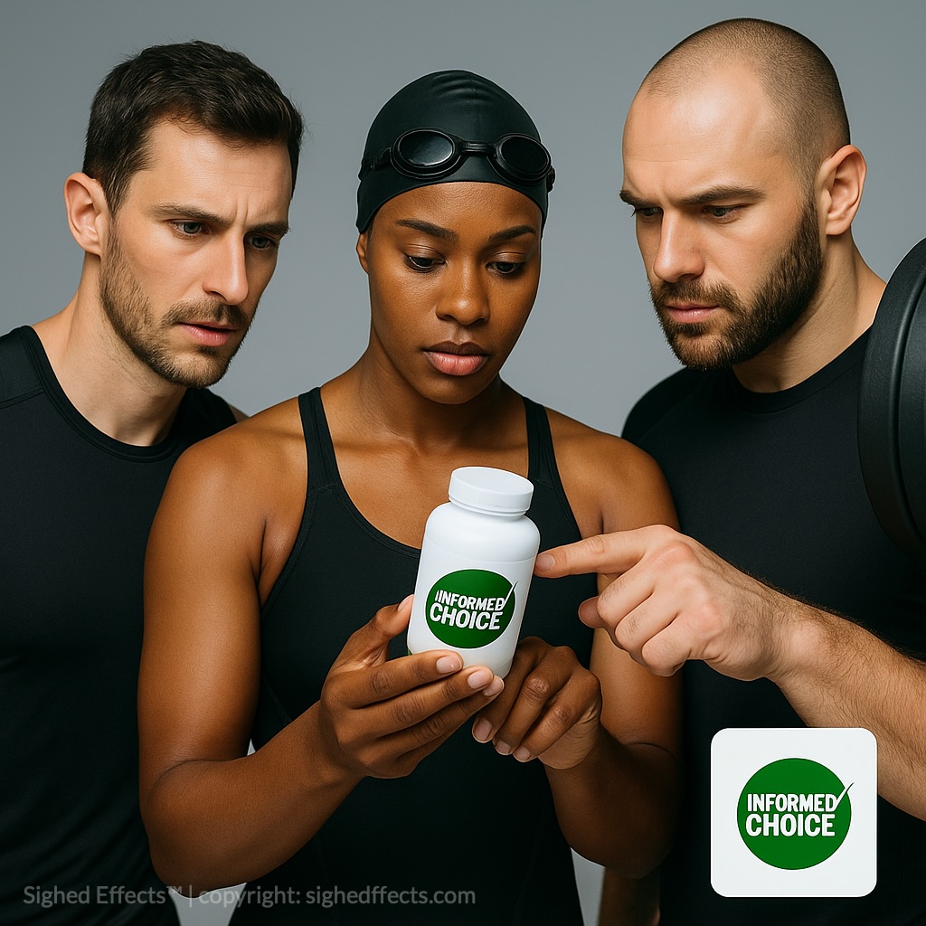 Athletes reviewing supplement labels with Informed Choice certification for banned substance screening.