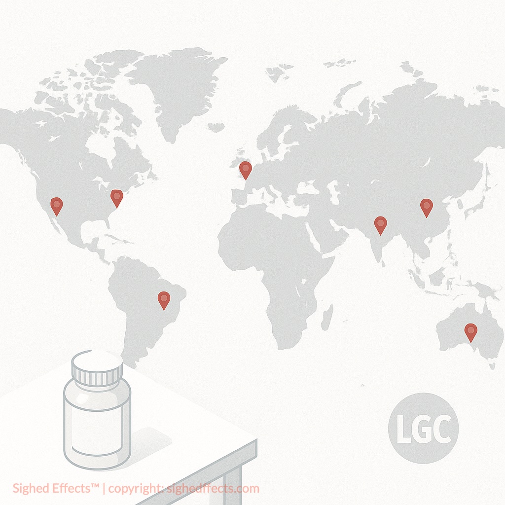 Global map showing LGC’s international supplement testing laboratories.