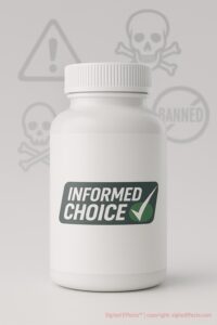 Illustration showing banned substance warnings contrasted with a certified Informed Choice supplement.