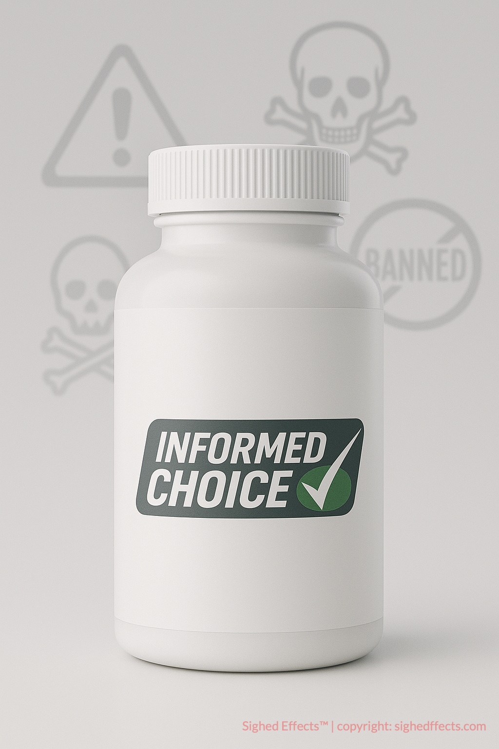 Illustration showing banned substance warnings contrasted with a certified Informed Choice supplement.
