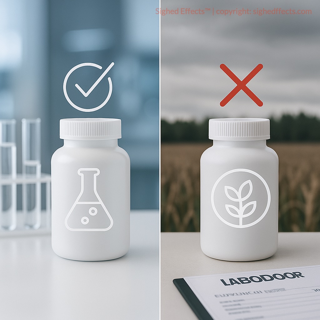Visual showing Labdoor covers supplement contents but not sourcing or ethics