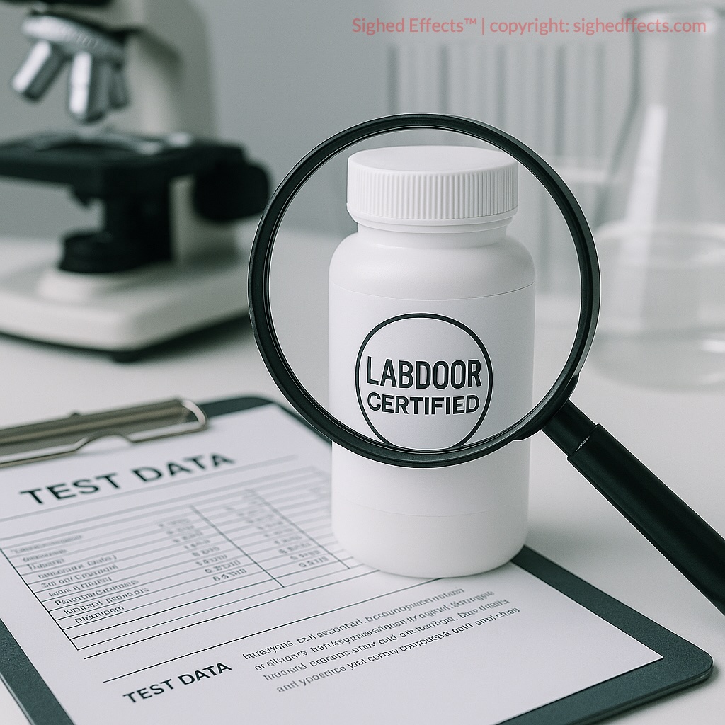 Labdoor Certified supplement bottle being examined in a lab setting