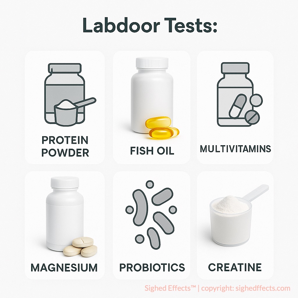 Types of supplements tested by Labdoor, including protein, CBD, creatine
