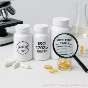 labdoor featured image. Pill bottles and magnifying glass showing supplement facts and logos.