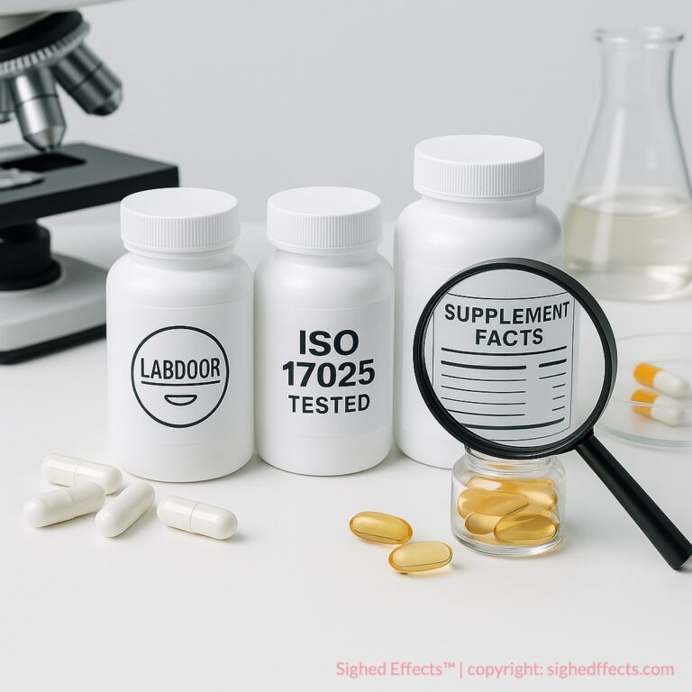 labdoor featured image. Pill bottles and magnifying glass showing supplement facts and logos.