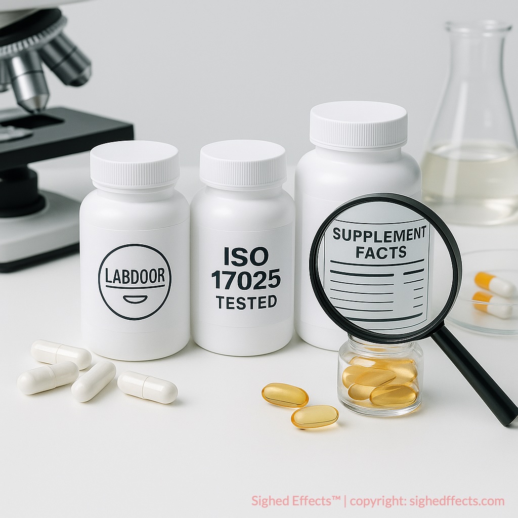 labdoor featured image. Pill bottles and magnifying glass showing supplement facts and logos.