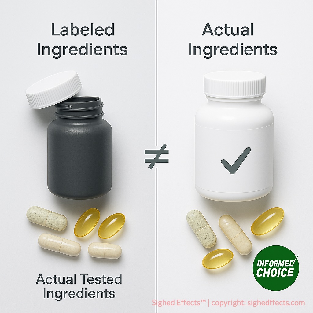 Side-by-side comparison of supplement label claims versus tested ingredient contents.
