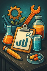 Smart Stacks supplement planning tool illustration with lab beakers, clipboard, pills, and gear