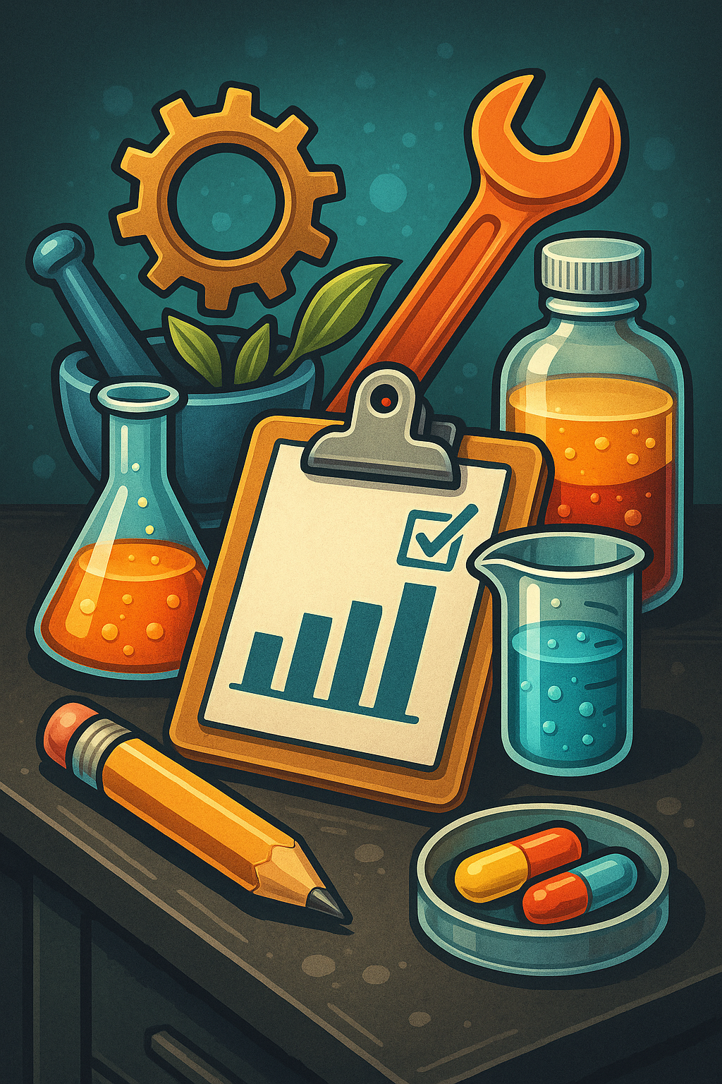 Smart Stacks supplement planning tool illustration with lab beakers, clipboard, pills, and gear