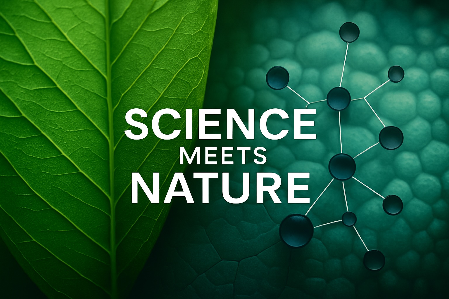 A green leaf merging with a molecular structure, symbolizing the intersection of science and nature, with the words “Science Meets Nature” in bold white text