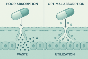 Split-screen comparison showing two identical supplement capsules - left side shows poor absorption with most of the supplement passing through the digestive system unchanged, right side shows optimal absorption with nutrients being actively taken up by intestinal cells.