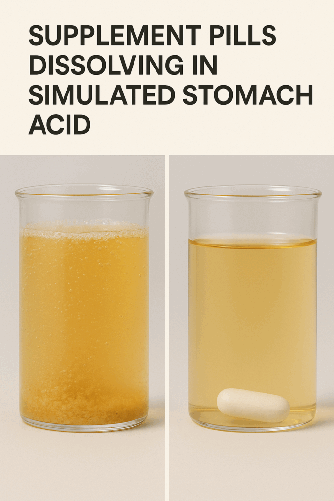 Split-screen comparison showing supplement pills dissolving in simulated stomach acid, with one dissolving completely while another remains largely intact, illustrating bioavailability differences