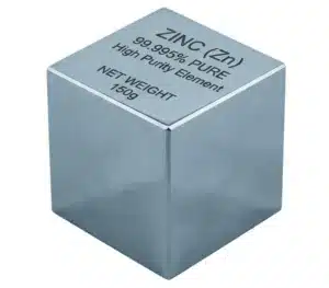 Cube of Zinc, with printing that states Zinc (Zu), 99.995% pure, High Purity Element, Net Weight 150g